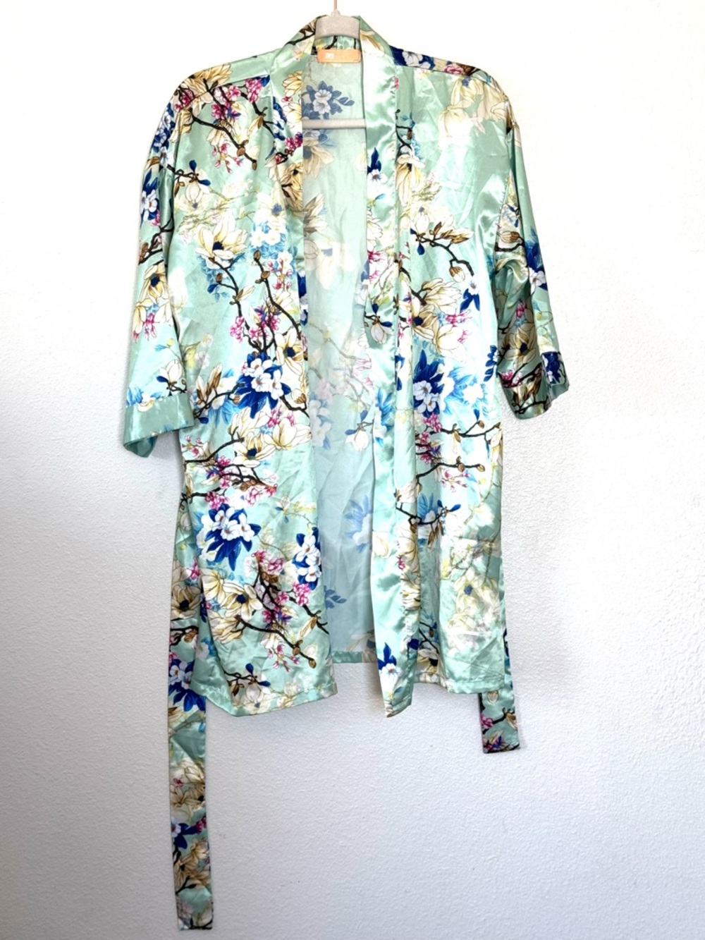 La Cera Mint Green Satin Floral Robe Bathrobe Kimono OS One Size S M L